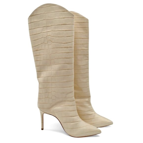 SCHUTZ Maryana Size 8.5 Eggshell Crocodile Embossed Leather Western Tall Boot - Picture 1 of 14